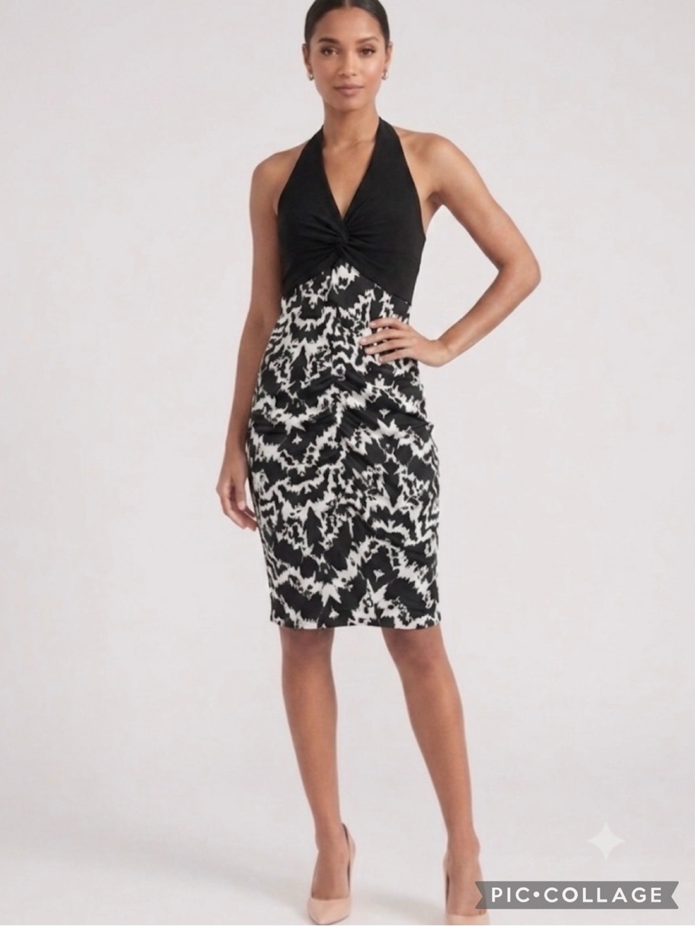Nicole by Nicole Miller Black White Ruched Halter Satin Dress NWT 10 Cocktail